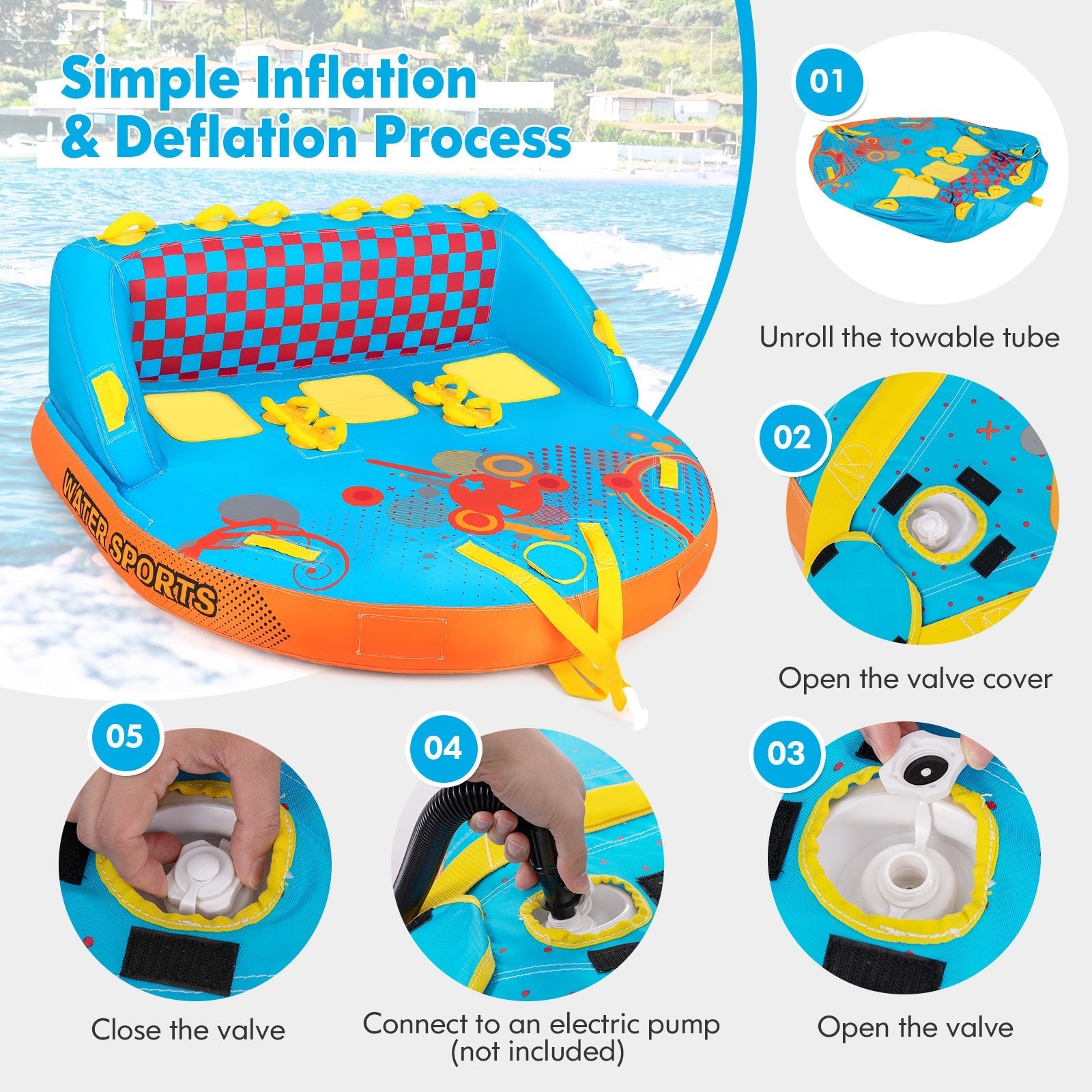 Towable Tube for Boating 3 Riders Water Sport Towables Sofa Pull Tube with Nylon Cover